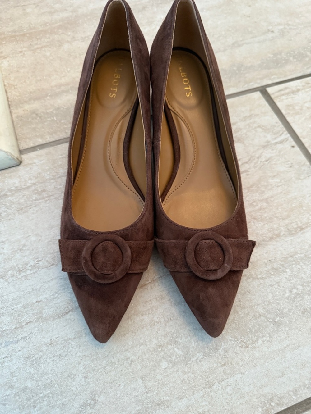 Talbots Dark Brown Suede Pointed Toe Heels with Decorative Buckle